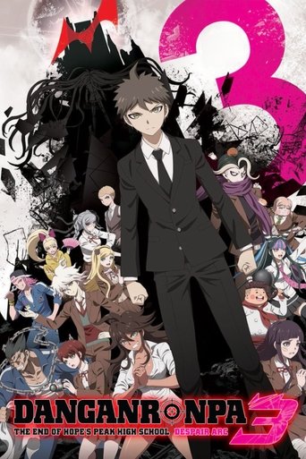 The poster features a central figure in a black suit surrounded by numerous characters, creating a dynamic composition. Dominant pink and black colors evoke a dramatic and intense atmosphere, suggesting high stakes and action. The title "Danganronpa 3" is prominently displayed at the bottom, emph...
