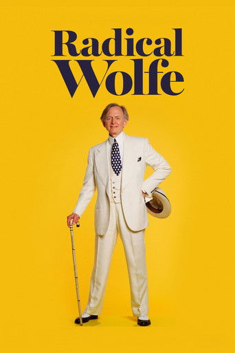 The poster features a man in a white suit holding a cane, standing against a vibrant yellow background. The bold, dark text "Radical Wolfe" dominates the top. The mood is confident and humorous, suggesting a comedic or satirical take on the character.