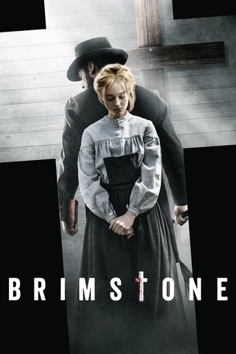The poster features a striking black-and-white image of a woman in a Victorian-style dress, with a man in a hat looming behind her. The mood is mysterious and dramatic, evoking a sense of historical intrigue. The title "BRIMSTONE" is prominently displayed at the bottom in bold, white letters.