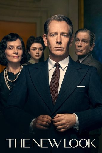The poster features a man in a sharp suit with a serious expression, flanked by three women in formal attire. The muted tones and shadowed background create a dramatic, mysterious atmosphere. The title "The New Look" is prominently displayed at the bottom.
