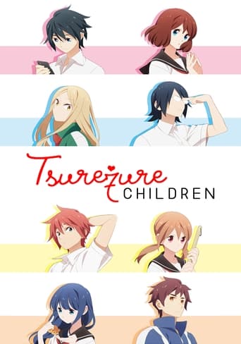 This anime poster features seven colorful characters in a playful, vibrant setting. The warm pink, blue, and yellow stripes create a cheerful atmosphere, while the bold red title "Tsuredure Children" stands out against the background. The characters are depicted with expressive faces and dynamic ...