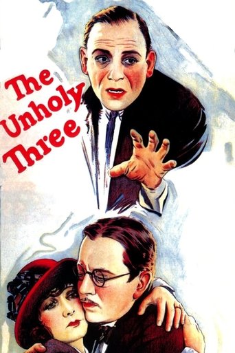 The poster features a dramatic scene with a man in a suit and woman in a red hat, both exuding mystery and intrigue. The title "The Unholy Three" is prominently displayed in bold red letters, suggesting a supernatural or dark comedy. The overall composition evokes a sense of suspense and theatric...