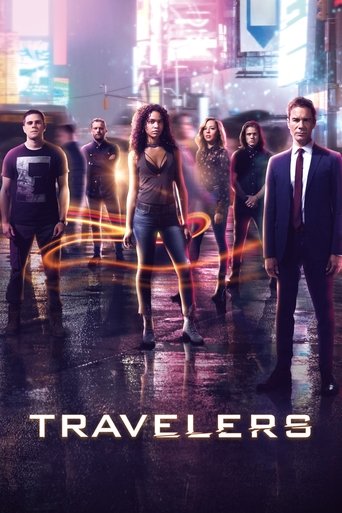 The poster features six characters standing in a dimly lit, reflective city street at night. A glowing orange energy line connects them, symbolizing their connection. The mood is mysterious and adventurous, with cool blues and warm oranges contrasting against the dark urban backdrop.