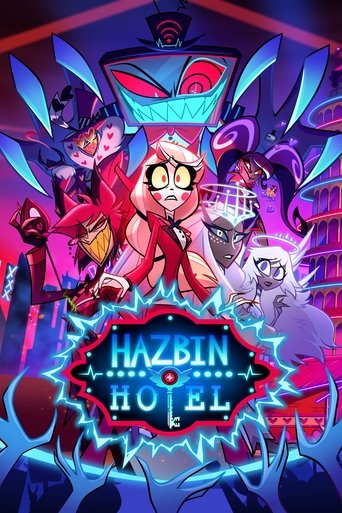 This vibrant poster features the iconic Hazbin Hotel, with its glowing blue and red neon aesthetic. Central figures like Cher and the Angel are surrounded by dynamic characters, creating a lively and energetic atmosphere. The overall mood is playful and whimsical, capturing the essence of the sho...