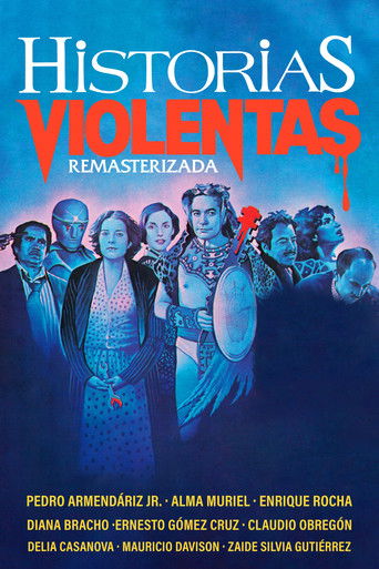 The poster features a dramatic scene with a group of people in a dark, moody atmosphere. The title "Historias Violentas Remasterizadas" is prominently displayed in bold, red and white text against a deep blue background. The overall mood is intense and suspenseful, with the characters' expression...