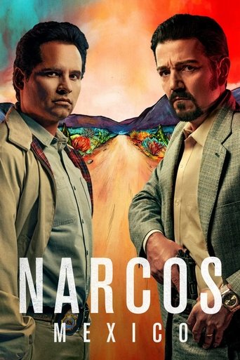 The poster features two men in tactical gear against a vibrant sunset backdrop. The warm hues of orange and purple evoke a sense of danger and urgency, while the serious expressions of the characters suggest a high-stakes narrative. The title "Narcos: Mexico" is prominently displayed in bold whit...