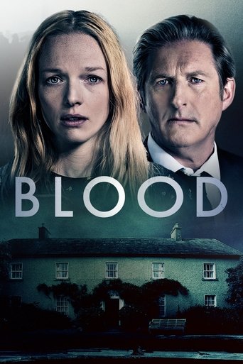 The poster features two intense characters against a moody, dark backdrop. The title "BLOOD" is prominently displayed in bold, white letters, evoking a sense of danger and suspense. The muted green and gray tones create an ominous atmosphere, suggesting a thriller or crime drama.