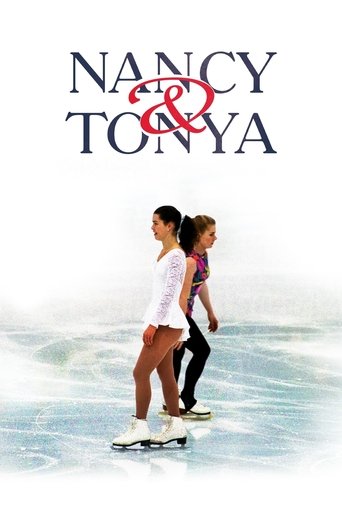 The poster features two young women skating on an ice rink, with Nancy in a white top and Tonya in a purple top. The background is a soft gradient of white and light blue, evoking a dreamy, nostalgic atmosphere. The title "Nancy & Tonya" is prominently displayed at the top in elegant, serif typog...