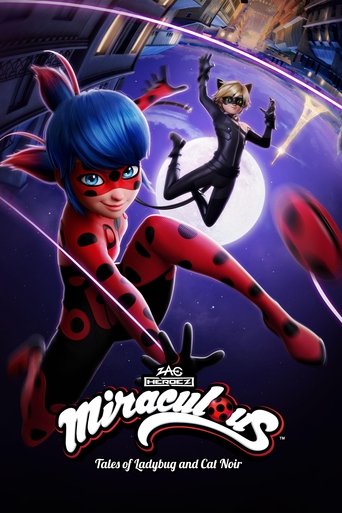 This vibrant poster features Ladybug and Cat Noir in dynamic poses against a starry night sky. The red and black colors of their costumes stand out against the deep purple and blue background. The moonlit scene adds a magical atmosphere, while the bold title and tagline convey the show's adventur...