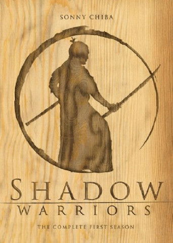 The poster features a silhouette of a warrior with a sword, set against a circular frame. The background is a warm, textured wood grain, evoking a sense of adventure and mystery. The title "Shadow Warriors" is prominently displayed in bold, dark letters, with the subtitle "The Complete First Seas...