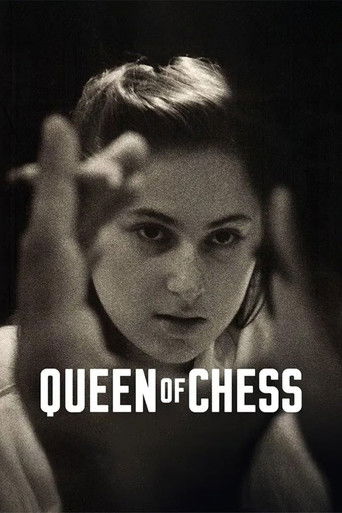 The poster features a woman with a contemplative expression, her hands raised as if she is playing chess. The monochrome palette and dramatic lighting create a mysterious and intense mood. The bold text "QUEEN OF CHESS" emphasizes the film's title.