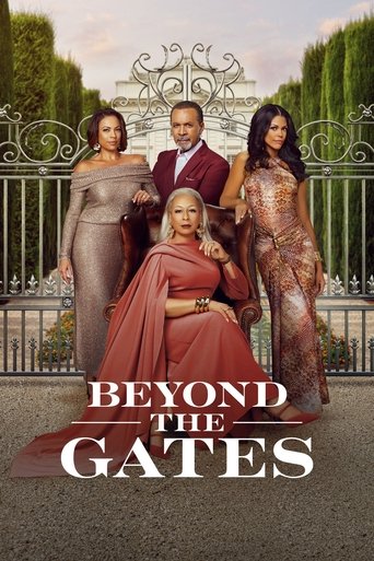 The poster features elegantly dressed characters in formal attire, exuding sophistication and mystery. The warm tones of the dresses and the soft lighting create a romantic yet suspenseful atmosphere. The ornate gate in the background hints at a grand, possibly luxurious setting.