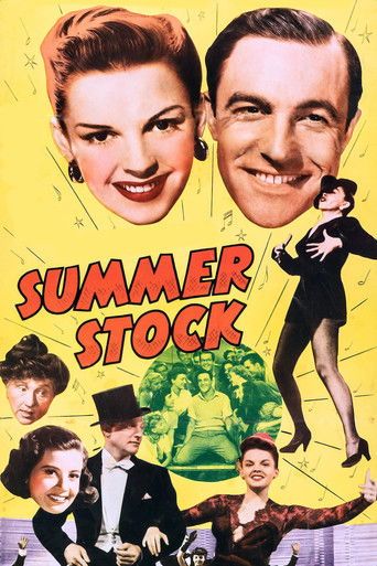 This vintage movie poster features a glamorous ensemble of actors in formal attire against a bright yellow background. The bold red title "SUMMER STOCK" dominates the center, evoking a lively summer atmosphere. The overall mood is playful and nostalgic, capturing the essence of mid-century cinema...