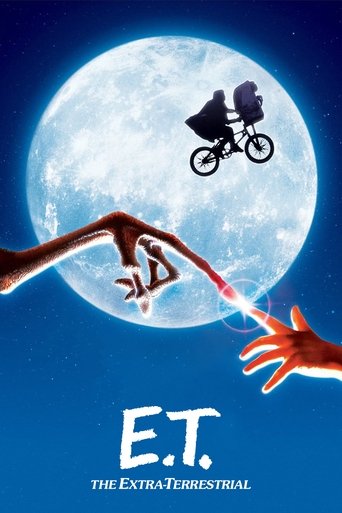 The poster features a large, glowing moon with two figures on bicycles against it, symbolizing the journey of E.T. and his companions. Below, two hands reach out toward the moon, representing the emotional connection between the characters. The deep blue background enhances the mysterious and dre...