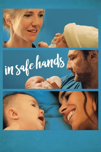 The poster features a warm, intimate family scene with a mother and father smiling at a baby. The soft blue background enhances the cozy, safe atmosphere. The title "in safe hands" is elegantly written in white, emphasizing the theme of nurturing and security.