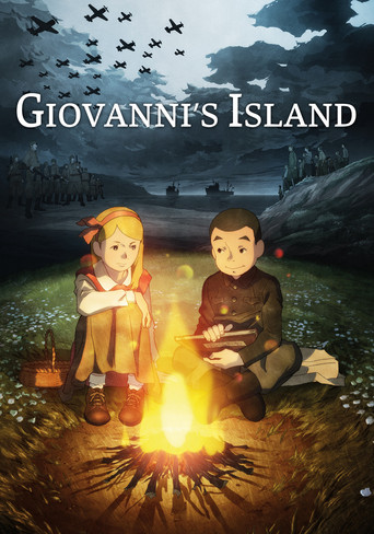 This movie poster depicts a cozy evening at Giovanni's Island, featuring a young couple sharing a warm meal by a roaring campfire. The dark, moody sky with silhouetted birds adds to the mysterious atmosphere, while the warm glow of the fire contrasts beautifully with the cool, twilight tones surr...