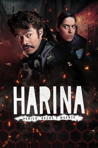 The poster features two intense characters in dark tactical gear against a fiery, ominous background. The warm orange glow contrasts sharply with the cool, dark tones, creating a tense atmosphere. The title "Harina" is prominently displayed in bold white letters, emphasizing the show's gritty and...