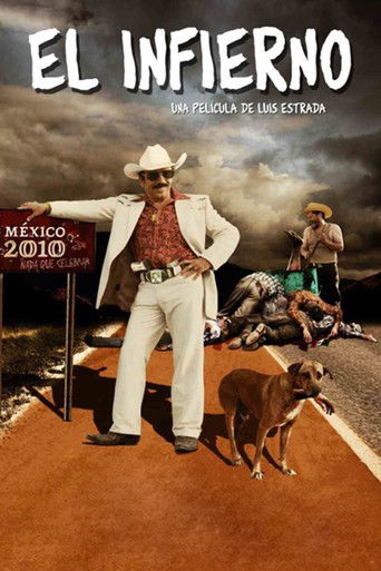 The poster features a cowboy in a white suit and hat standing confidently on a red dirt road, with a dog beside him. In the background, a man in a green shirt and hat rides a horse, while another figure lies on the ground. The scene is set against a dramatic sky with dark clouds, evoking a rugged...