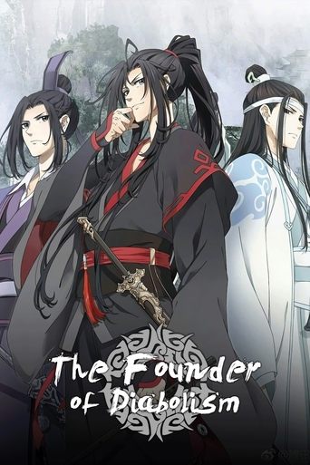 The poster features four anime-style characters in traditional Chinese attire, with a mysterious and slightly ominous mood. The central figure, dressed in black with red accents, holds a sword, suggesting a powerful and dangerous role. The other characters display distinct styles, hinting at dive...