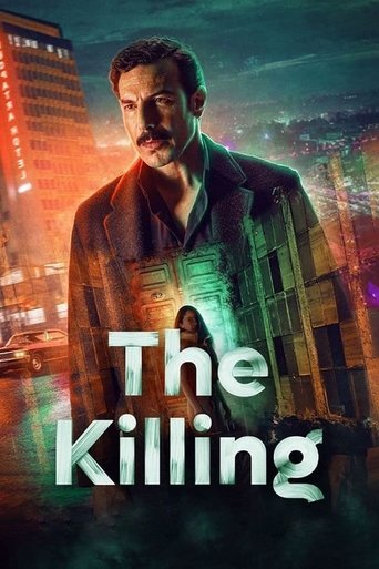 The poster features a man with a mustache standing in front of a cityscape at night, with a mysterious figure partially obscured behind him. The colors are vibrant yet dark, creating a suspenseful atmosphere. The title "The Killing" is prominently displayed in bold, white letters.