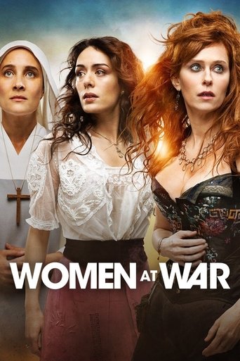 The poster features three women with serious expressions, set against a dramatic sky. The central woman wears a white blouse and red skirt, while the left woman is in a white uniform with a cross. The right woman has vibrant red hair and wears a dark dress. The title "Women at War" is prominently...
