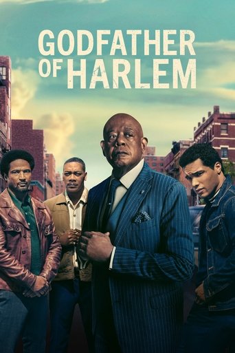 The poster features four men in a gritty, urban Harlem setting with warm, earthy tones. The central figure, a man in a sharp suit, commands attention with a confident gaze. The muted background evokes a sense of tension and drama, capturing the essence of the show's gritty, noir atmosphere.