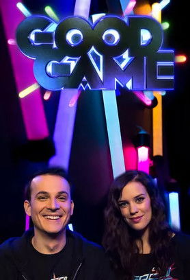 The poster features two smiling contestants against a vibrant, neon-lit background with the bold "GOOD GAME" logo. The energetic atmosphere and colorful lighting create a lively, exciting mood for viewers.