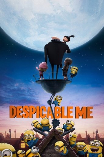 This vibrant poster features Minions and Gru on a whimsical platform against a dramatic sky, with the title "Despicable Me" prominently displayed. The scene exudes a playful and adventurous mood, capturing the essence of the beloved animated franchise.