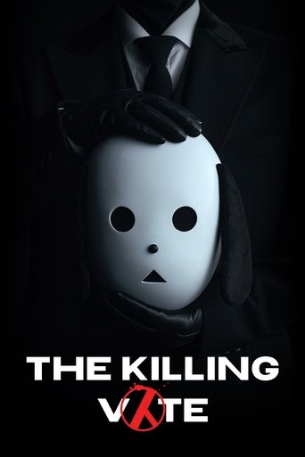 The poster features a sinister figure in a black suit with a white mask, creating a chilling atmosphere. The dark background amplifies the ominous mood, while the stark white mask and red "VOTE" text evoke a sense of horror and suspense.