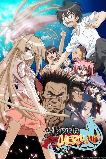 This vibrant anime poster showcases a dynamic scene with multiple characters in action, set against a starry night sky. The warm orange and pink hues create an energetic atmosphere, while the dramatic lighting highlights the characters' expressions and movements. The title "My Bride is a Mermaid"...