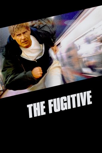 The poster features a man in motion, captured mid-stride with blurred background suggesting speed. His intense expression and dark jacket convey urgency and danger. Bold white text "THE FUGITIVE" dominates the lower section against a stark black backdrop, emphasizing the film's gritty, suspensefu...