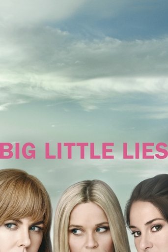 The poster features three women with intense, piercing eyes against a cloudy sky, evoking a sense of mystery and drama. The pink text "BIG LITTLE LIES" stands out against the muted tones, suggesting a suspenseful and dramatic narrative.