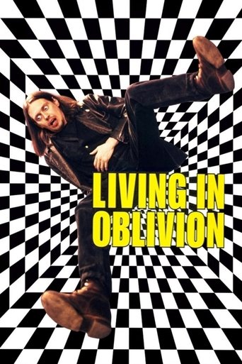 The poster features a woman in a leather jacket and boots, captured mid-motion against a dynamic black-and-white checkered background. Bold yellow text reads "LIVING IN OBLIVION," evoking a sense of movement and urgency. The overall composition conveys a gritty, cinematic atmosphere that hints at...