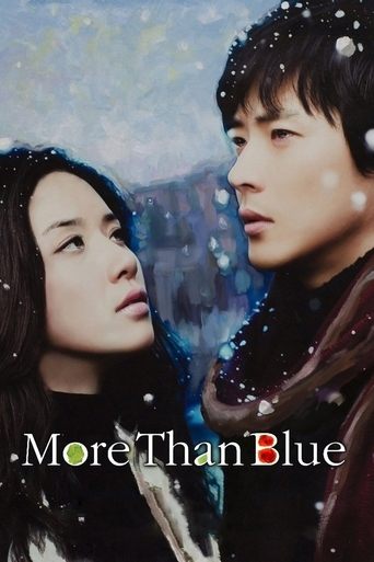 The poster features two characters in a snowy scene, with one looking up at the other. The cool blue tones and falling snow create a melancholic atmosphere, suggesting a story about emotional connection and loss.