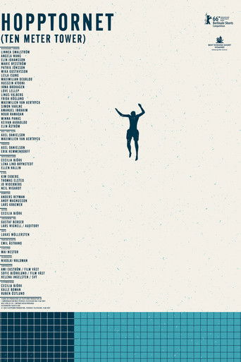 The poster features a minimalist design with a silhouette of a person floating in the center against a light background. The title "Hopptornet" is prominently displayed at the top, accompanied by a list of names on the left. The bottom section showcases a blue grid pattern, adding a modern touch....