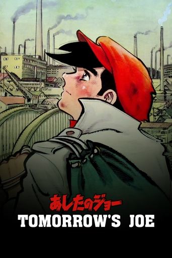 The poster features a determined man in a red cap and trench coat, looking upward with a serious expression. The background depicts an industrial cityscape with smokestacks and factories, suggesting a gritty, urban setting. The bold red and white text at the bottom reads "Tomorrow's Joe," emphasi...