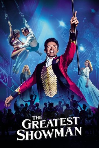 This vibrant movie poster captures the essence of "The Greatest Showman" with a dynamic scene of a man in a red suit holding a microphone, surrounded by performers in colorful costumes. The deep blue background with glowing lights creates an energetic and magical atmosphere, emphasizing the film'...