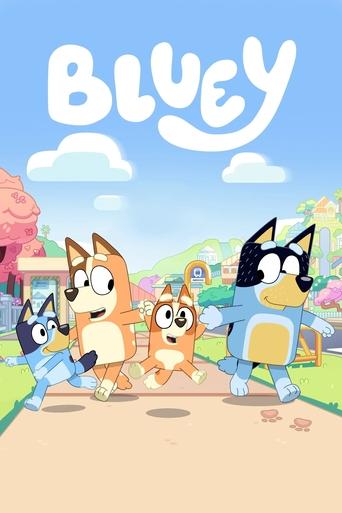 The poster features the beloved Bluey characters in a cheerful outdoor scene, with colorful houses and a bright blue sky. The playful and friendly mood is conveyed through the vibrant colors and the happy expressions of the characters.