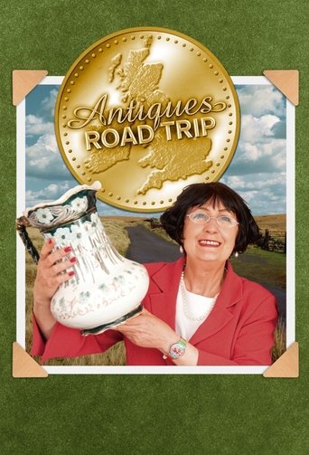 A smiling woman in a red jacket holds a vintage watch, surrounded by a golden "Antiques Road Trip" coin. The green background and warm tones evoke a nostalgic, adventurous mood.