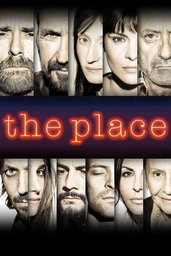 The poster features a grid of black-and-white portraits of diverse characters, with the title "the place" glowing in neon orange against a dark background. The mood is mysterious and cinematic, suggesting a thriller or drama with an intriguing narrative.