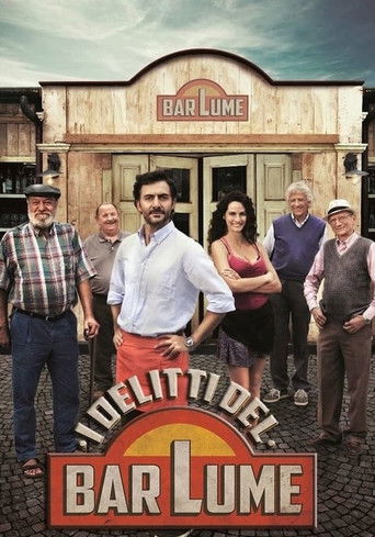 The poster features a group of six characters standing in front of a rustic "Bar Lume" building, exuding a rugged, comedic atmosphere. The warm, earthy tones of the wooden structure and the vibrant reds and yellows of the title create a nostalgic, inviting feel. The characters' casual poses and e...