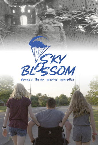 The poster features three people walking away from the camera, their backs to the viewer. The image is split into two parts: a black and white photograph of a soldier in a helmet, and a vibrant blue sky with a parachute. The title "Sky Blossom" is prominently displayed in blue, with the tagline "...