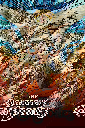 This TV show poster features a dramatic, stained-glass-style illustration of angels and biblical figures in vibrant colors like blue, gold, and red. The mood is solemn yet hopeful, suggesting themes of redemption and divine justice.