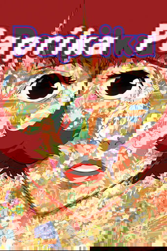 The poster features a vibrant, collage-style portrait of a woman with large expressive eyes, surrounded by colorful, fragmented images of people and scenes. The warm, golden tones evoke a nostalgic and dreamy atmosphere, while the bold purple title "Paprika" adds a playful and artistic touch.