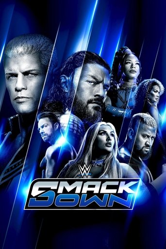 The poster features intense, dramatic poses of WWE wrestlers against a dark blue background with glowing blue lines. The bold, metallic "SMACKDOWN" logo glows with neon light, creating a high-energy, action-packed atmosphere that suggests a thrilling wrestling match.