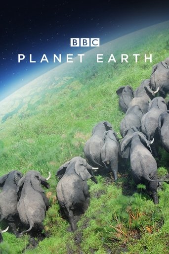 The poster features a serene landscape with a herd of elephants on a grassy hill, evoking a sense of natural wonder. The BBC logo and title "Planet Earth" are prominently displayed, emphasizing the documentary's focus on Earth's diverse ecosystems.