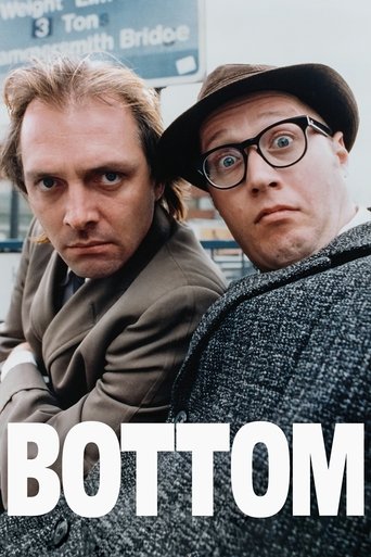 The poster features two men with intense, serious expressions, dressed in heavy coats against a muted urban backdrop. The bold, white text "BOTTOM" dominates the foreground, evoking a gritty, noir atmosphere. The muted tones and somber mood suggest a dramatic, possibly noir-style television drama.