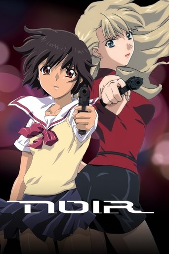 The poster features two anime characters, a boy with dark hair and a girl with blonde hair, both holding guns. The boy wears a white shirt with a red bow, while the girl dons a red top. The background is dark with pink hues, creating a mysterious and intense atmosphere. The title "NOIR" is promin...