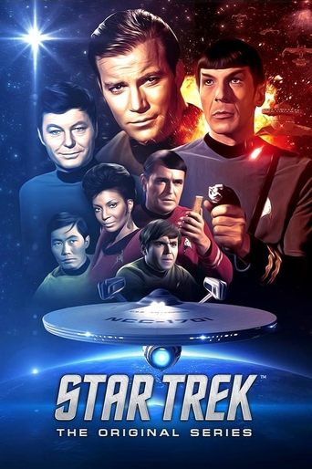 This poster features iconic characters from "Star Trek" in a dramatic composition against a cosmic backdrop. The vibrant colors of the Starfleet uniforms contrast with the deep blue space, evoking a sense of adventure and mystery. The mood is one of anticipation, capturing the essence of the orig...