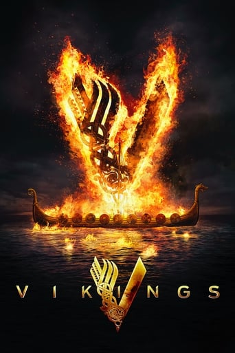 The poster features a Viking ship engulfed in fierce flames, with a warrior's helmet and sword piercing the fire. The dark, stormy sky adds to the ominous mood, while the golden Viking logo at the bottom emphasizes the show's epic theme.